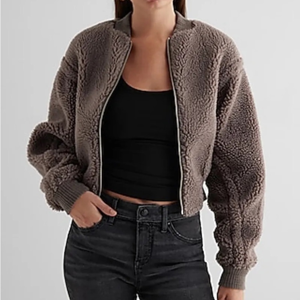 Express Teddy Cropped Bomber Jacket